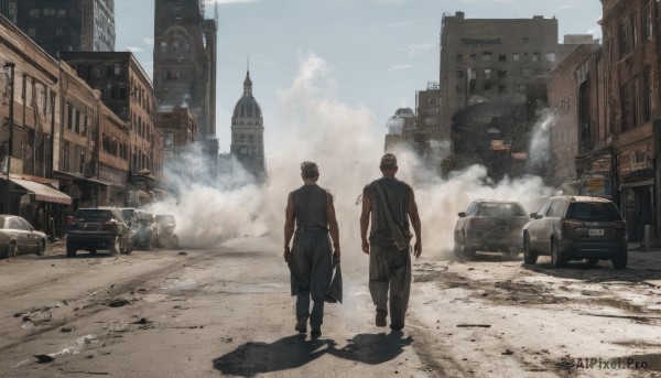 short hair,hat,male focus,outdoors,multiple boys,sky,day,pants,cloud,2boys,bag,from behind,shadow,ground vehicle,building,scenery,motor vehicle,smoke,walking,city,car,road,vehicle focus,street,dust,truck,black hair,blue sky,tank top,tower