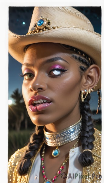 1girl,solo,long hair,looking at viewer,blue eyes,black hair,hat,jewelry,green eyes,upper body,braid,earrings,outdoors,parted lips,teeth,choker,tongue,artist name,dark skin,tongue out,necklace,blurry,twin braids,dark-skinned female,lips,eyelashes,makeup,night,depth of field,blurry background,heterochromia,piercing,lipstick,gem,portrait,eyeshadow,freckles,realistic,nose,brown headwear,eyeliner,neck ring,cowboy hat,mascara,gold choker,shirt,border,white border,close-up,outside border