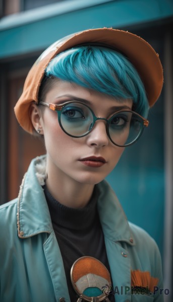 1girl,solo,looking at viewer,short hair,bangs,hat,brown eyes,jewelry,closed mouth,blue hair,jacket,upper body,earrings,open clothes,glasses,artist name,blurry,black eyes,sweater,lips,looking to the side,black shirt,eyelashes,aqua hair,makeup,blurry background,turtleneck,watermark,piercing,denim,ear piercing,web address,freckles,black-framed eyewear,realistic,nose,round eyewear,brown headwear,stud earrings,very short hair,undercut,orange headwear,denim jacket,blue eyes,shirt,sunglasses,lipstick,blue jacket,portrait,red lips