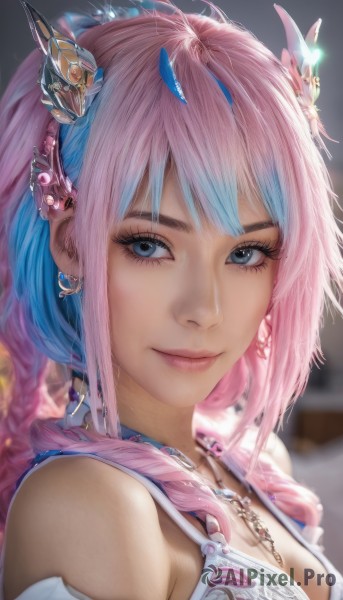 1girl,solo,long hair,breasts,looking at viewer,smile,bangs,blue eyes,hair ornament,cleavage,bare shoulders,jewelry,medium breasts,closed mouth,blue hair,upper body,pink hair,multicolored hair,earrings,horns,necklace,blurry,two-tone hair,lips,grey eyes,eyelashes,makeup,blurry background,piercing,crescent,portrait,realistic,nose,mascara,sidelocks,artist name,gradient hair,close-up