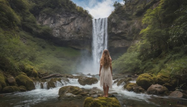 1girl, solo, long hair, brown hair, dress, outdoors, sky, barefoot, day, cloud, water, from behind, white dress, tree, nature, scenery, wading, rock, waterfall