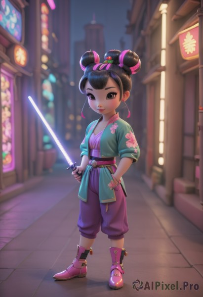 1girl,solo,looking at viewer,smile,short hair,black hair,hair ornament,ribbon,holding,brown eyes,jewelry,closed mouth,standing,full body,hair ribbon,weapon,earrings,boots,outdoors,pants,sword,hair bun,holding weapon,blurry,black eyes,bracelet,lips,double bun,night,blurry background,holding sword,chinese clothes,child,pink ribbon,city,pink footwear,female child,energy sword,neon lights,japanese clothes,belt,katana,hand in pocket