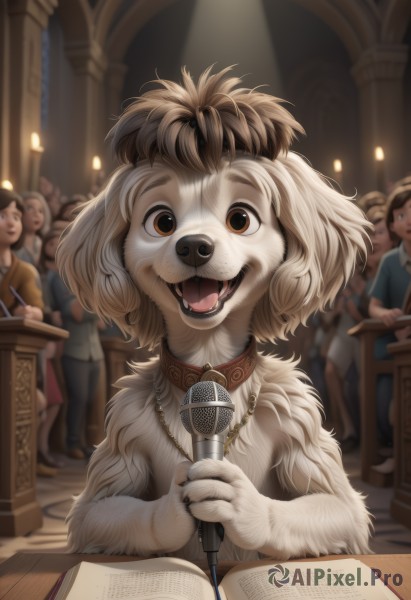 1girl,looking at viewer,smile,open mouth,multiple girls,brown hair,holding,animal ears,brown eyes,jewelry,sitting,teeth,solo focus,tongue,artist name,indoors,necklace,blurry,collar,book,depth of field,blurry background,fangs,chair,table,dog ears,microphone,furry,dog,open book,furry female,music,candle,body fur,singing,white fur,upper body,claws,faceless,holding microphone,pencil,fur,brown fur