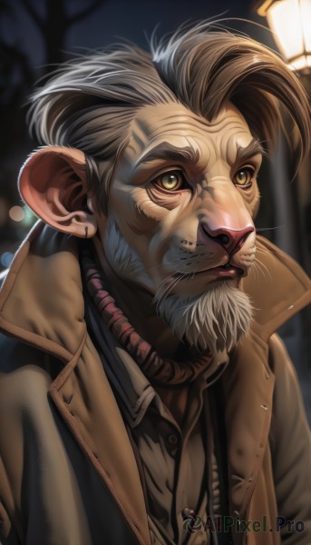 solo,shirt,1boy,closed mouth,jacket,yellow eyes,upper body,grey hair,male focus,outdoors,collared shirt,blurry,coat,night,blurry background,facial hair,beard,mouse ears,mustache,old,brown coat,old man,looking at viewer,short hair,brown hair,animal ears,brown eyes,open clothes,artist name,tree,lips,brown jacket,realistic,lamppost