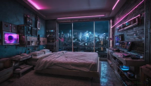 sky,indoors,cup,pillow,book,no humans,window,bed,night,on bed,chair,table,curtains,building,night sky,scenery,science fiction,wooden floor,city,clock,lamp,cityscape,cable,computer,bedroom,television,monitor,laptop,skyscraper,speaker,city lights,hospital bed,cloud,bottle,box,desk