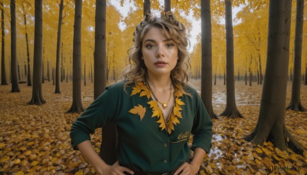 1girl,solo,long hair,looking at viewer,brown hair,shirt,long sleeves,brown eyes,jewelry,upper body,outdoors,parted lips,day,belt,necklace,tree,lips,buttons,leaf,wavy hair,nature,sleeves rolled up,forest,curly hair,hands on hips,realistic,green shirt,autumn leaves,autumn,teeth,blue shirt