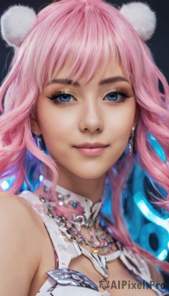 1girl,solo,long hair,breasts,looking at viewer,smile,bangs,blue eyes,hair ornament,cleavage,bare shoulders,jewelry,medium breasts,closed mouth,blue hair,upper body,pink hair,multicolored hair,earrings,necklace,two-tone hair,lips,eyelashes,makeup,portrait,close-up,eyeshadow,realistic,nose,animal ears,chain,gem