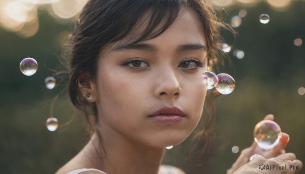 1girl, solo, looking at viewer, short hair, brown hair, black hair, jewelry, earrings, parted lips, mole, blurry, black eyes, lips, depth of field, blurry background, portrait, freckles, bubble, realistic, nose, mole on neck, mole on cheek