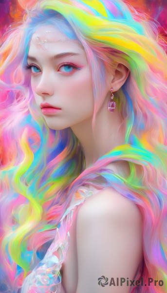 1girl,solo,long hair,breasts,looking at viewer,blue eyes,blonde hair,dress,bare shoulders,jewelry,closed mouth,blue hair,upper body,pink hair,multicolored hair,earrings,sleeveless,from side,lips,streaked hair,eyelashes,aqua hair,makeup,wavy hair,expressionless,gem,eyeshadow,circlet,pink lips,realistic,nose,colorful,mascara,rainbow hair,green hair,orange hair,aqua eyes,gradient hair,watermark,portrait,web address