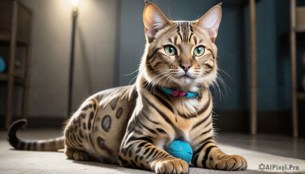 HQ,solo,looking at viewer,green eyes,full body,indoors,blurry,collar,no humans,depth of field,blurry background,animal,mouth hold,cat,realistic,animal focus,whiskers,lying,bowtie,on stomach,red collar