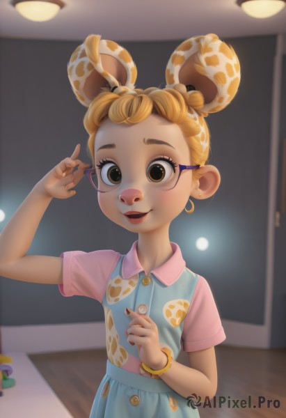 1girl,solo,looking at viewer,blush,smile,short hair,open mouth,blonde hair,shirt,dress,animal ears,brown eyes,jewelry,upper body,short sleeves,earrings,glasses,teeth,indoors,hand up,hair bun,nail polish,blurry,bracelet,double bun,makeup,blurry background,blue dress,child,personification,pink shirt,hoop earrings,mouse ears,female child,pinafore dress,overalls,collared shirt,hair rings,freckles