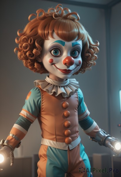 solo,looking at viewer,smile,short hair,blue eyes,brown hair,gloves,1boy,holding,standing,weapon,male focus,cowboy shot,indoors,orange hair,blurry,vest,lips,makeup,mask,lipstick,messy hair,curly hair,red lips,facepaint,mechanical arms,single mechanical arm,jumpsuit,afro,clown,1girl,artist name