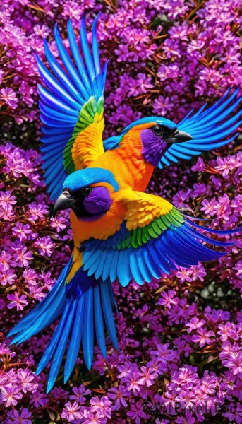 solo,full body,flower,wings,black eyes,petals,pokemon (creature),no humans,bird,animal,pink flower,flying,purple flower,floral background,animal focus,beak,closed eyes,outdoors,leaf,nature,colorful