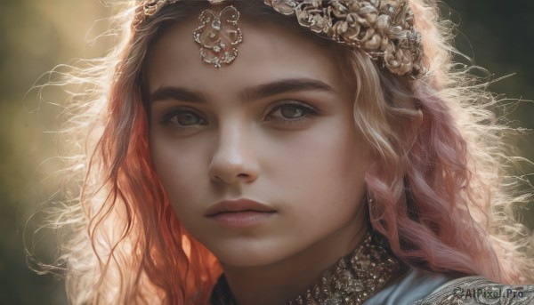 1girl,solo,long hair,looking at viewer,blonde hair,brown hair,hair ornament,brown eyes,jewelry,closed mouth,pink hair,multicolored hair,blurry,lips,eyelashes,depth of field,blurry background,wavy hair,portrait,close-up,curly hair,circlet,realistic,nose,artist name,orange hair,expressionless,gem,veil