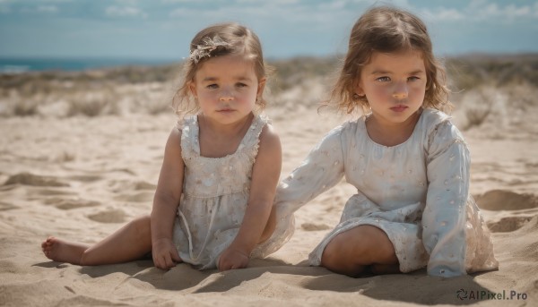 looking at viewer,short hair,blue eyes,multiple girls,blonde hair,brown hair,long sleeves,dress,2girls,sitting,closed mouth,outdoors,sky,barefoot,sleeveless,day,medium hair,white dress,blurry,depth of field,blurry background,siblings,beach,sisters,child,realistic,sand,female child,on ground,dirty,dirty feet,long hair,hair ornament,brown eyes,parted lips,cloud,water,blue sky,lips,sleeveless dress,ocean,aged down,wind,horizon,shore