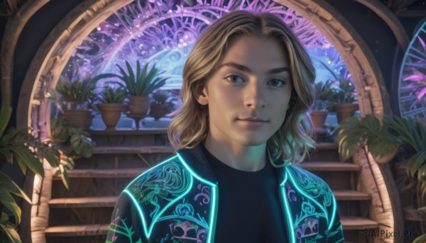 1girl,solo,looking at viewer,smile,short hair,blue eyes,blonde hair,brown hair,shirt,1boy,closed mouth,jacket,upper body,male focus,indoors,medium hair,lips,black shirt,plant,portrait,stairs,realistic,nose,potted plant,night