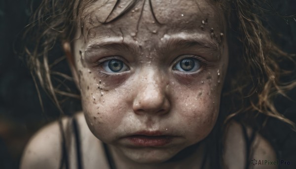 1girl,solo,looking at viewer,short hair,blue eyes,blonde hair,brown hair,brown eyes,closed mouth,blurry,lips,grey eyes,blurry background,portrait,close-up,freckles,realistic,eyelashes,depth of field,dirty,dirty face