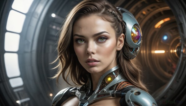 HQ,1girl,solo,long hair,looking at viewer,brown hair,brown eyes,yellow eyes,braid,parted lips,teeth,lips,bodysuit,headgear,portrait,forehead,science fiction,realistic,nose,cyborg,cyberpunk,green eyes,upper body,close-up,android,cable,mechanical parts