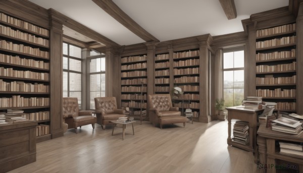 day,indoors,tree,book,no humans,window,chair,table,sunlight,plant,curtains,scenery,couch,desk,wooden floor,bookshelf,potted plant,lamp,shelf,book stack,library