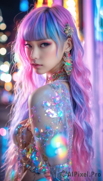 1girl,solo,long hair,breasts,looking at viewer,bangs,hair ornament,dress,bare shoulders,jewelry,closed mouth,blue hair,upper body,pink hair,purple hair,multicolored hair,earrings,small breasts,choker,blunt bangs,pink eyes,blurry,from side,two-tone hair,lips,see-through,looking to the side,eyelashes,gradient hair,makeup,depth of field,blurry background,wavy hair,gem,realistic,nose,bokeh,medium breasts,artist name,signature,necklace,nail polish,watermark,ring,lipstick,web address,armlet,eyeshadow,backlighting,pink lips,light,eyeliner,mascara