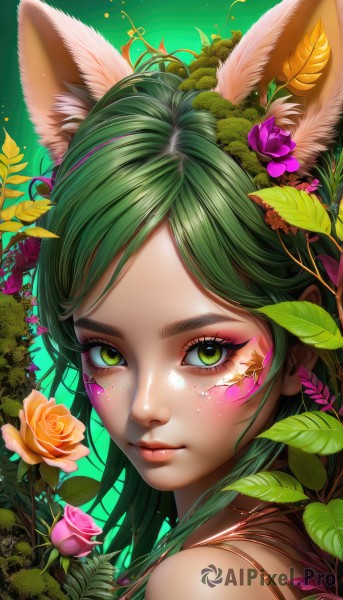 1girl,solo,long hair,looking at viewer,smile,bangs,hair ornament,animal ears,bare shoulders,closed mouth,green eyes,flower,multicolored hair,green hair,looking back,artist name,hair flower,from side,lips,animal ear fluff,fox ears,eyelashes,makeup,rose,leaf,facial mark,plant,lipstick,portrait,pink flower,eyeshadow,freckles,green background,pink lips,yellow flower,nose,purple flower,eyeliner,facepaint,orange flower,mascara,upper body,parted bangs,watermark,web address,close-up,pink rose