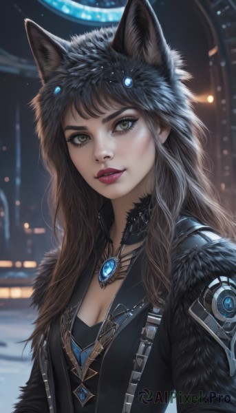 1girl,solo,long hair,breasts,looking at viewer,smile,bangs,brown hair,animal ears,cleavage,brown eyes,jewelry,medium breasts,jacket,upper body,small breasts,parted lips,choker,artist name,cat ears,necklace,blurry,lips,coat,black jacket,fur trim,eyelashes,makeup,depth of field,blurry background,lipstick,gem,pendant,realistic,nose,red lips,black hair,yellow eyes,teeth,signature,wolf ears