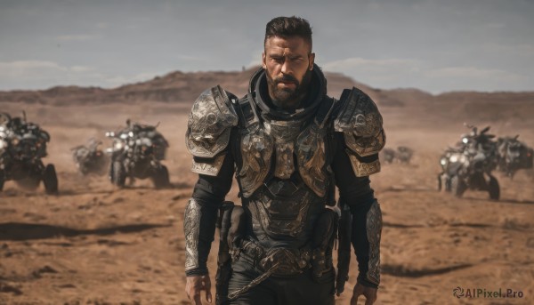 looking at viewer,short hair,brown hair,black hair,1boy,closed mouth,standing,weapon,male focus,cowboy shot,outdoors,multiple boys,solo focus,sword,armor,blurry,gun,blurry background,facial hair,scar,shoulder armor,beard,scar on face,science fiction,6+boys,pauldrons,breastplate,realistic,scar across eye,manly,horse,soldier,chainmail,solo,closed eyes,sky,day,ground vehicle,motor vehicle,mustache,sand,riding,motorcycle,desert,dust