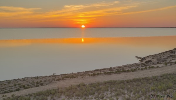 outdoors,sky,cloud,signature,water,tree,no humans,ocean,beach,nature,scenery,sunset,mountain,aircraft,sun,horizon,river,landscape,shore,orange sky,comic,cloudy sky,gradient sky