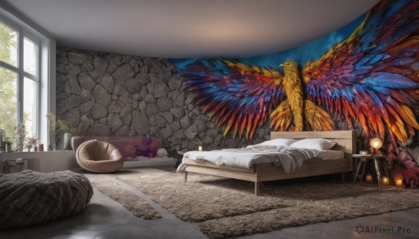 wings,sky,day,indoors,tree,pillow,no humans,window,bed,chair,table,sunlight,plant,scenery,couch,blanket,potted plant,lamp,wall,bedroom,carpet,lying,cup,book,bed sheet,bird,on bed,feathers,plate,crystal,wooden floor,fantasy,candle,under covers,vase,statue,painting (object),multicolored wings,spread wings,rug,tablecloth