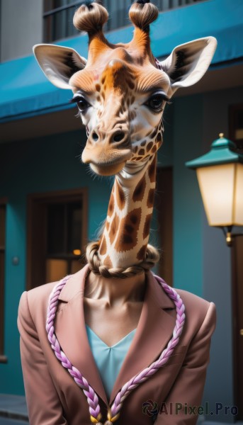 1girl,solo,long hair,looking at viewer,shirt,collarbone,jacket,upper body,purple hair,braid,multicolored hair,indoors,blurry,black eyes,twin braids,no humans,blurry background,animal,formal,suit,blue shirt,brown jacket,door,lamp,animal focus,whiskers,horror (theme),surreal,closed mouth,white shirt,outdoors,watermark,parody,facing viewer,web address,what