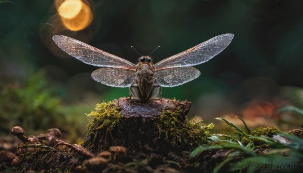 1girl,solo,short hair,sitting,outdoors,wings,blurry,tree,no humans,depth of field,moon,grass,plant,monster girl,nature,scenery,forest,rock,antennae,wide shot,arthropod girl,moss,insect wings,blurry background,animal,leaf,sunlight,bug,realistic,mushroom