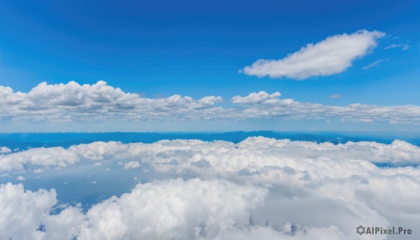 outdoors,sky,day,cloud,signature,water,blue sky,no humans,ocean,cloudy sky,scenery,blue theme,horizon,landscape,above clouds,1girl,monochrome,bird,flying,very wide shot