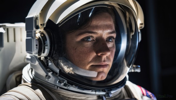 solo,looking at viewer,blue eyes,1boy,closed mouth,male focus,blurry,facial hair,helmet,black background,portrait,reflection,science fiction,realistic,stubble,space,spacesuit,space helmet,astronaut,black hair,blurry background,serious,looking afar,planet,earth (planet),american flag