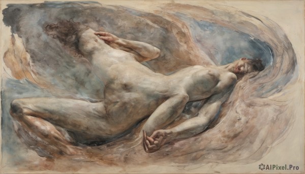 1girl,solo,long hair,breasts,1boy,navel,nipples,closed eyes,nude,small breasts,lying,on back,water,lips,fingernails,completely nude,traditional media,realistic,painting (medium),faux traditional media,fine art parody,open mouth,black hair,male focus,pubic hair,androgynous,watercolor (medium),texture