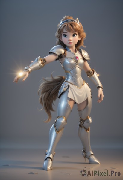 1girl,solo,short hair,blue eyes,brown hair,thighhighs,animal ears,jewelry,standing,tail,full body,hairband,boots,armor,lips,grey eyes,horse ears,shoulder armor,gauntlets,gem,horse tail,pauldrons,breastplate,vambraces,armored boots,greaves,faulds,plate armor,long hair,looking at viewer,ponytail,parted lips,black eyes,high heels