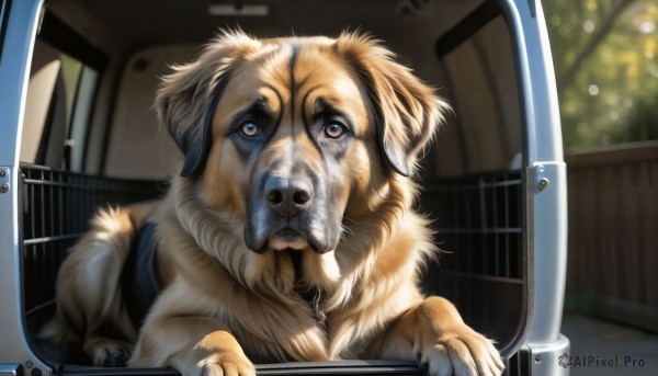 HQ,solo,blue eyes,indoors,blurry,no humans,depth of field,blurry background,animal,dog,realistic,animal focus,what,looking at viewer,brown eyes,window,reflection