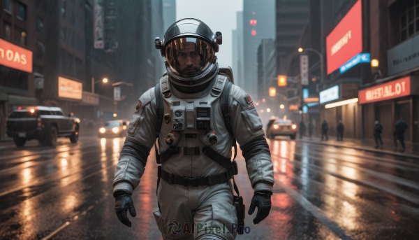 solo,brown hair,gloves,1boy,standing,male focus,outdoors,solo focus,black gloves,blurry,uniform,gun,night,blurry background,facial hair,helmet,ground vehicle,building,motor vehicle,beard,1other,reflection,walking,science fiction,rain,city,sign,realistic,car,road,police,street,truck,looking at viewer,multiple boys,american flag,traffic light,people