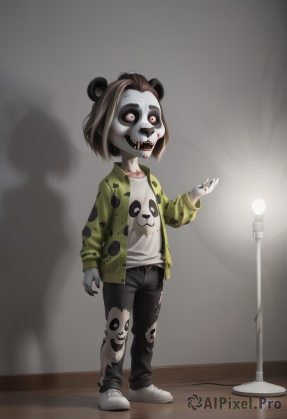 1girl,solo,short hair,open mouth,brown hair,shirt,long sleeves,1boy,animal ears,standing,jacket,full body,white shirt,male focus,multicolored hair,open clothes,shoes,teeth,pants,open jacket,torn clothes,mask,shadow,black pants,white footwear,sneakers,furry,1other,green jacket,furry male,print shirt,lamppost,horror (theme),spotlight,jewelry,belt,blood,ring,personification,white skin,torn pants,panda