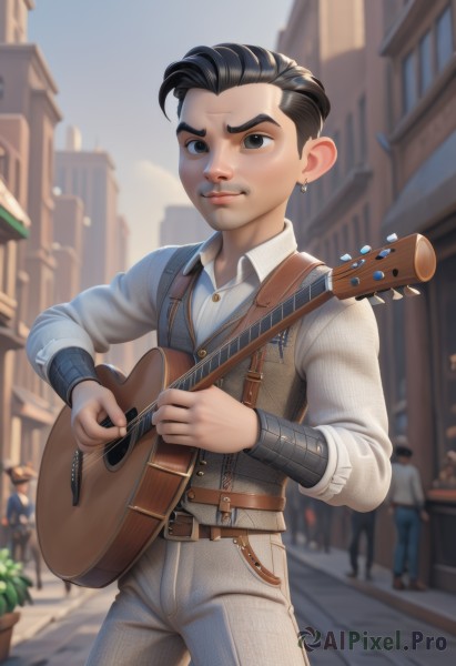 looking at viewer,short hair,shirt,black hair,long sleeves,1boy,holding,brown eyes,jewelry,closed mouth,white shirt,male focus,cowboy shot,earrings,outdoors,multiple boys,solo focus,day,collared shirt,belt,pants,blurry,black eyes,vest,lips,blurry background,denim,building,instrument,child,freckles,city,nose,music,guitar,stud earrings,bracer,male child,playing instrument,holding instrument,town,people,lute (instrument),solo,standing,artist name,depth of field,jeans,brown belt,acoustic guitar