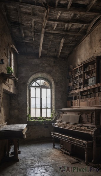 day,indoors,book,no humans,window,chair,table,sunlight,plant,scenery,desk,stairs,bookshelf,potted plant,ruins,vines,stool,shelf,library,ladder,overgrown,instrument,wooden floor,piano