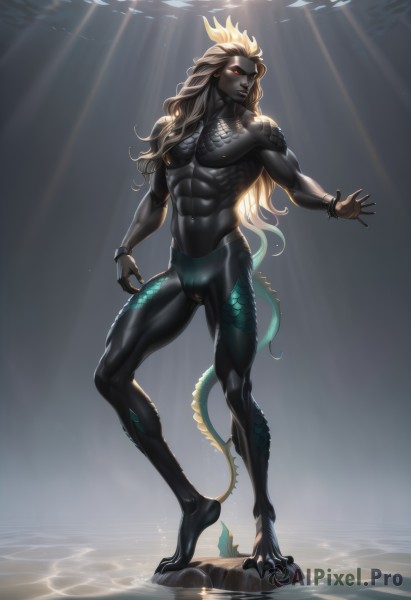 solo,long hair,looking at viewer,blonde hair,red eyes,1boy,navel,jewelry,nipples,standing,tail,full body,male focus,artist name,water,muscular,glowing,colored skin,abs,sunlight,dark-skinned male,pectorals,muscular male,claws,colored sclera,toned,bulge,topless male,dragon tail,black sclera,scales,grey skin,male swimwear,multicolored skin,monster boy,two-tone skin,black skin,swim briefs,nude,horns,bracelet,fingernails,makeup,fangs,wavy hair,piercing,glowing eyes,spikes,light rays,underwater,black lips