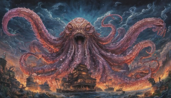 A glimpse of a monster in a ethereal fiery outdoors