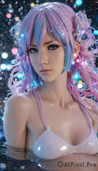 1girl,solo,long hair,breasts,looking at viewer,bangs,blue eyes,hair ornament,bare shoulders,jewelry,medium breasts,closed mouth,blue hair,collarbone,swimsuit,upper body,pink hair,bikini,multicolored hair,earrings,small breasts,artist name,water,blurry,lips,wet,see-through,white bikini,web address,partially submerged,realistic,nose,cleavage,purple hair,covered nipples,eyelashes,gradient hair,watermark,water drop,pink lips,ripples,bokeh