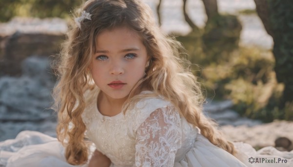 1girl,solo,long hair,looking at viewer,blue eyes,blonde hair,brown hair,hair ornament,dress,jewelry,upper body,short sleeves,earrings,outdoors,parted lips,water,white dress,blurry,lips,depth of field,blurry background,wavy hair,freckles,curly hair,realistic,day,makeup,sunlight,lipstick,red lips