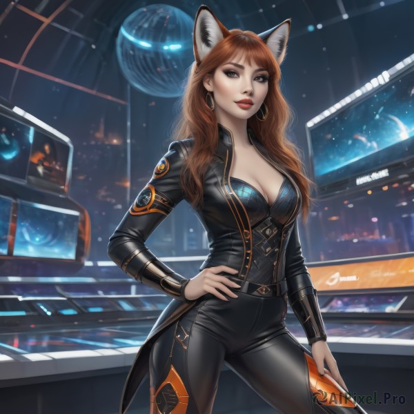 1girl,solo,long hair,breasts,looking at viewer,bangs,large breasts,brown hair,long sleeves,animal ears,cleavage,brown eyes,jewelry,medium breasts,standing,jacket,cowboy shot,earrings,parted lips,open clothes,belt,pants,indoors,cat ears,lips,black jacket,hand on hip,fox ears,bodysuit,makeup,wavy hair,black pants,lipstick,science fiction,contrapposto,hoop earrings,red lips,space,leather,hand on own thigh,planet,leather jacket,fake animal ears,fox girl,realistic,black bodysuit,leather pants