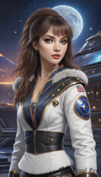 1girl,solo,long hair,breasts,looking at viewer,bangs,brown hair,long sleeves,cleavage,brown eyes,jewelry,medium breasts,jacket,upper body,ponytail,earrings,outdoors,parted lips,sky,belt,signature,lips,fur trim,eyelashes,makeup,night,moon,white jacket,lipstick,building,star (sky),night sky,full moon,eyeshadow,starry sky,realistic,nose,red lips,eyeliner,standing,artist name,corset,zipper,fur collar,emblem,architecture,badge,east asian architecture