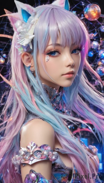 1girl,solo,long hair,breasts,looking at viewer,bangs,blue eyes,hair ornament,animal ears,bare shoulders,jewelry,medium breasts,closed mouth,blue hair,upper body,pink hair,flower,multicolored hair,hairband,earrings,cat ears,hair flower,from side,two-tone hair,lips,eyelashes,gradient hair,makeup,fake animal ears,gem,eyeshadow,nose,mascara,shiny,blunt bangs,facial mark,portrait,armlet,realistic