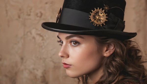 1girl,solo,long hair,brown hair,hat,brown eyes,closed mouth,lips,eyelashes,black headwear,portrait,curly hair,top hat,realistic,nose,gears,steampunk,profile,makeup,lipstick