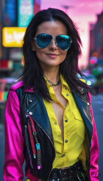 1girl,solo,long hair,breasts,looking at viewer,smile,shirt,black hair,long sleeves,jewelry,closed mouth,standing,jacket,upper body,outdoors,open clothes,collared shirt,belt,pants,dark skin,necklace,blurry,open jacket,dark-skinned female,lips,buttons,depth of field,blurry background,chain,black pants,sunglasses,denim,forehead,buckle,zipper,pocket,black belt,yellow shirt,belt buckle,realistic,nose,arms at sides,unbuttoned,partially unbuttoned,very dark skin,denim jacket,aviator sunglasses,pink-tinted eyewear,leather,tinted eyewear,leather jacket