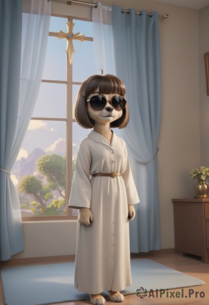 1girl,solo,looking at viewer,smile,short hair,bangs,brown hair,long sleeves,dress,closed mouth,standing,full body,weapon,ahoge,sky,barefoot,day,belt,sword,artist name,cloud,indoors,blunt bangs,white dress,tree,window,sunglasses,cross,plant,curtains,furry,1other,robe,wooden floor,round eyewear,furry female,arms at sides,potted plant,white robe,animal ears,tail,flower,small breasts,black eyes,flat chest,blue sky,coat,:3,buttons,watermark,bob cut,dog ears,facing viewer,backlighting,dog tail,dog girl,body fur,white fur,oversized clothes,straight-on,animal nose,vase,brown fur,two-tone fur,pawpads